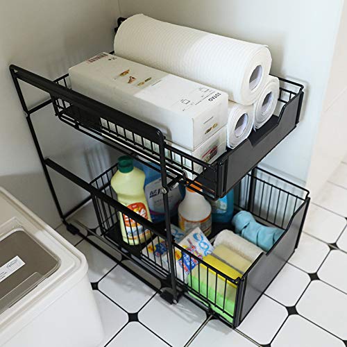 TristonSong Stackable 2-Tie Under Sink Cabinets Organizer with Sliding Storage Drawer, Pull Out Cabinets Organizer Shelf, Sliding Kitchen Countertop Storage Basket-Black Large