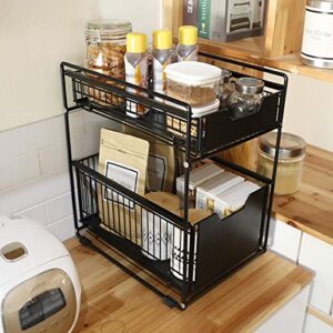 TristonSong Stackable 2-Tie Under Sink Cabinets Organizer with Sliding Storage Drawer, Pull Out Cabinets Organizer Shelf, Sliding Kitchen Countertop Storage Basket-Black Large