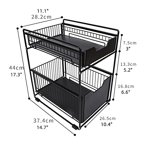 TristonSong Stackable 2-Tie Under Sink Cabinets Organizer with Sliding Storage Drawer, Pull Out Cabinets Organizer Shelf, Sliding Kitchen Countertop Storage Basket-Black Large