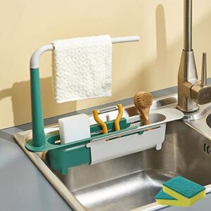dazzlewings updated telescopic sink storage rack holder with 2 sponge, adjustable telescopic 2-in-1 sink storage rack holder with dishcloth for home kitchen(green)