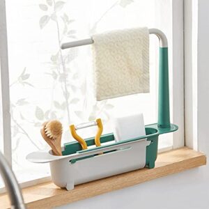 Dazzlewings Updated Telescopic Sink Storage Rack Holder with 2 Sponge, Adjustable Telescopic 2-in-1 Sink Storage Rack Holder with Dishcloth for Home Kitchen(Green)