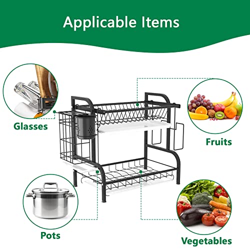 C&AHOME 2-Tier Dish Drying Rack, Large Capacity Stainless Steel Dish Drainer with Utensil Holder, Knife Holder, Cutting Board Holder, 3 Removable Drain Board and Adjustable Feet for Kitchen Black