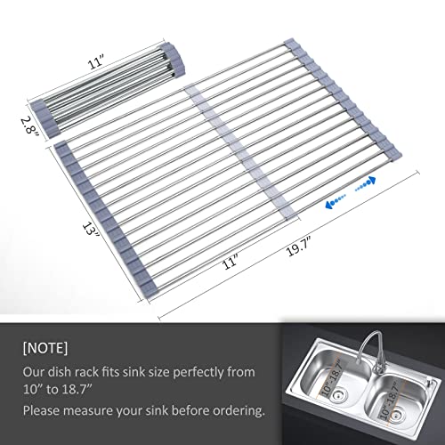 TOSUKAI Rollup Dish Drying Rack Over The Sink Stretchable Dish Drying Rack Telescopic Dish Rack Foldable for Kitchen (11-20 inch, Grey)