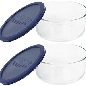 Pyrex Storage 4-Cup Round Dish with Dark Blue Plastic Cover, Clear (Pack of 2 Containers)