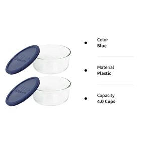Pyrex Storage 4-Cup Round Dish with Dark Blue Plastic Cover, Clear (Pack of 2 Containers)