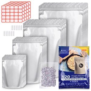 120 Mylar Bags for Food Storage with Oxygen Absorbers 300cc, 8 Mil 1Gallon 10"x14", 7.5"x11.5", 6"x9", 4.3"x6.3" Stand-Up Zipper Resealable Bags & Heat Sealable Food Storage Bags + Labels
