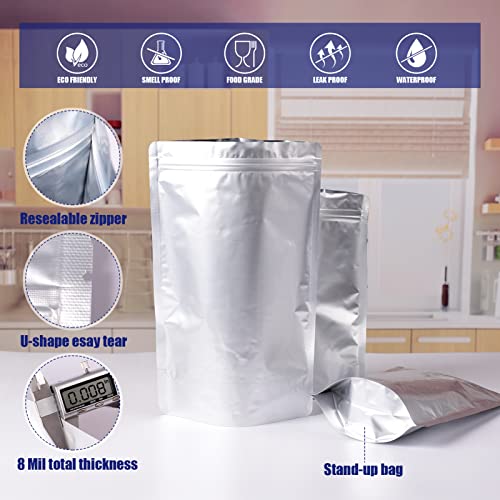 120 Mylar Bags for Food Storage with Oxygen Absorbers 300cc, 8 Mil 1Gallon 10"x14", 7.5"x11.5", 6"x9", 4.3"x6.3" Stand-Up Zipper Resealable Bags & Heat Sealable Food Storage Bags + Labels