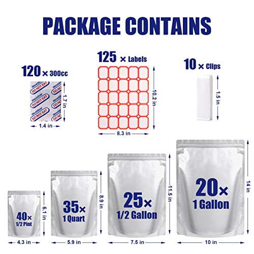 120 Mylar Bags for Food Storage with Oxygen Absorbers 300cc, 8 Mil 1Gallon 10"x14", 7.5"x11.5", 6"x9", 4.3"x6.3" Stand-Up Zipper Resealable Bags & Heat Sealable Food Storage Bags + Labels