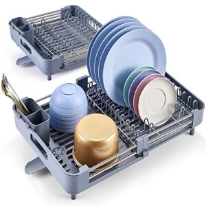 brwinasll dish drying rack, expandable sink dish rack , stainless steel drying rack for kitchen counter and drainboard set with removable utensil holder, grey dish rack – 13.4-21.7 inch