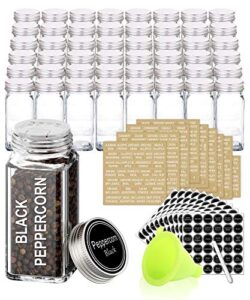 swommoly 48 glass spice jars with 703 spice labels, chalk marker and funnel complete set. 48 square glass jars 4oz, airtight cap, pour/sift shaker lid
