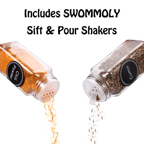 SWOMMOLY 48 Glass Spice Jars with 703 Spice Labels, Chalk Marker and Funnel Complete Set. 48 Square Glass Jars 4OZ, Airtight Cap, Pour/sift Shaker Lid