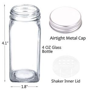 SWOMMOLY 48 Glass Spice Jars with 703 Spice Labels, Chalk Marker and Funnel Complete Set. 48 Square Glass Jars 4OZ, Airtight Cap, Pour/sift Shaker Lid