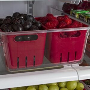 Kitchen Spaces KSDCB12-AMZ Twin Colander Stackable Food Storage Organizer for Fridge, Freezer, and Pantry, 8.8" x 6.8" x 3.9", Red & Clear