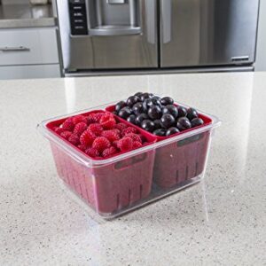 Kitchen Spaces KSDCB12-AMZ Twin Colander Stackable Food Storage Organizer for Fridge, Freezer, and Pantry, 8.8" x 6.8" x 3.9", Red & Clear