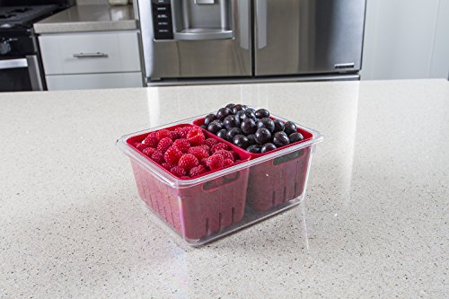 Kitchen Spaces KSDCB12-AMZ Twin Colander Stackable Food Storage Organizer for Fridge, Freezer, and Pantry, 8.8" x 6.8" x 3.9", Red & Clear