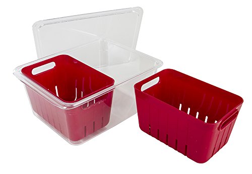 Kitchen Spaces KSDCB12-AMZ Twin Colander Stackable Food Storage Organizer for Fridge, Freezer, and Pantry, 8.8" x 6.8" x 3.9", Red & Clear