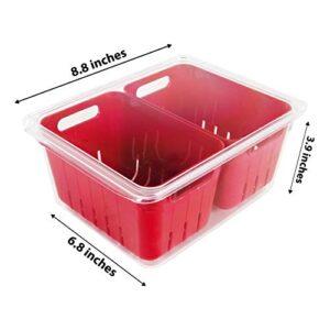 Kitchen Spaces KSDCB12-AMZ Twin Colander Stackable Food Storage Organizer for Fridge, Freezer, and Pantry, 8.8" x 6.8" x 3.9", Red & Clear