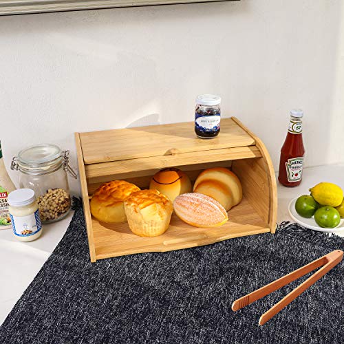 PENGKE Large Bread Box Natural Bamboo Roll Top Bread Basket ,Bread Holder for Kitchen Food Storage Countertop,Self Assembly