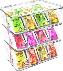 utopia home (3 pack) tea bag organizer – stackable tea bag storage organizer with clear top lid- tea bag holder for counter tops, kitchen cabinets, pantry, sweeteners (clear)