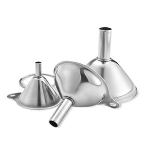 stainless steel funnels, 3pcs mini filling kitchen funnel, sizes large to small funnels for transferring essential oils, liquid, fluid, dry ingredients & powder, durable and dishwash