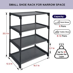 HITHIM 4 Tiers Small Shoe Rack,Narrow Stackable Shoe Shelf Organizer,Sturdy Shoe Stand, Non-Woven Fabric Metal Free Standing Shoe Racks for Entryway, Doorway and Bedroom Closet