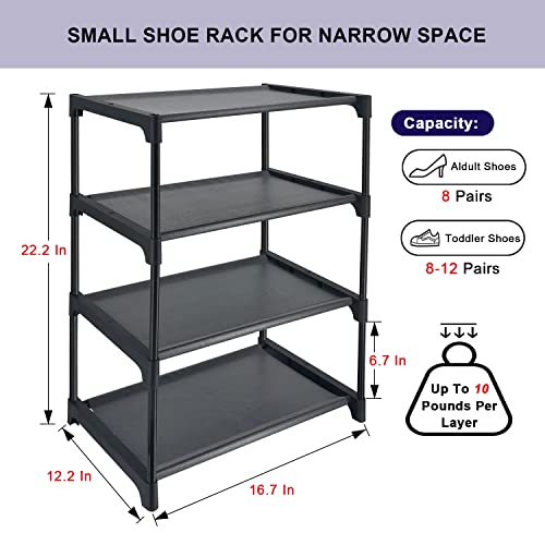 HITHIM 4 Tiers Small Shoe Rack,Narrow Stackable Shoe Shelf Organizer,Sturdy Shoe Stand, Non-Woven Fabric Metal Free Standing Shoe Racks for Entryway, Doorway and Bedroom Closet