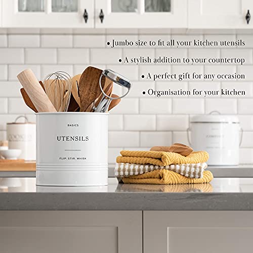 D'Lifeful Farmhouse Kitchen Utensil Holder (Jumbo Size - 7" x 7”) - Large Utensil Caddy for Countertop, Utensil Holder for Kitchen Counter Decor, Utensil Organizer (White)