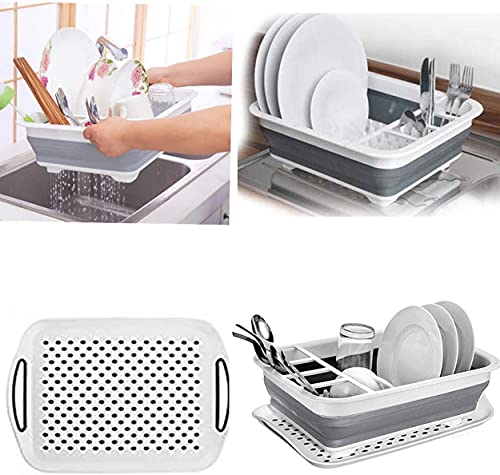 Ahyuan Collapsible Dish Drying Rack with Drainboard Tray Space Saving Camper Accessories Kitchen Storage Organizer RV Accessories for Inside Camper Accessories for Travel Trailers (with Drainboard)