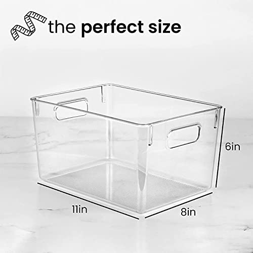 Homeries Pantry Organizer, Clear Storage Bins, for Kitchen, Pantry, Cabinets, for Storing Packets, Spices, Sauce, Snacks, Cans, Set of 4 11” x 8” x 6”