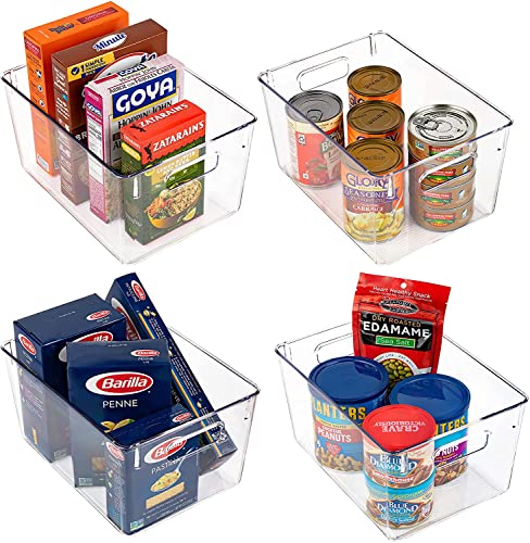 Homeries Pantry Organizer, Clear Storage Bins, for Kitchen, Pantry, Cabinets, for Storing Packets, Spices, Sauce, Snacks, Cans, Set of 4 11” x 8” x 6”