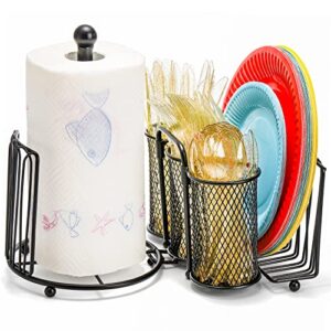 elsjoy metal utensil caddy with paper towel holder, picnic caddy silverware organizer, flatware caddy buffet storage caddy for plates, cutlery, pull-out handle