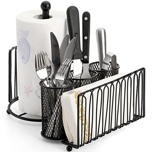Elsjoy Metal Utensil Caddy with Paper Towel Holder, Picnic Caddy Silverware Organizer, Flatware Caddy Buffet Storage Caddy for Plates, Cutlery, Pull-Out Handle