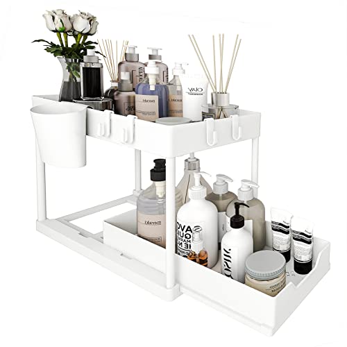 Usbalano 2-Tier Under Sink Organizer, Sliding Under Bathroom Cabinet Storage Drawer Organizer with Hooks, Hanging Cup, Multi-purpose Under Sink Shelf Organizer, White