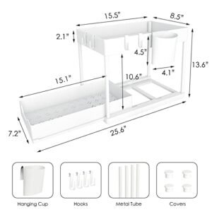 Usbalano 2-Tier Under Sink Organizer, Sliding Under Bathroom Cabinet Storage Drawer Organizer with Hooks, Hanging Cup, Multi-purpose Under Sink Shelf Organizer, White