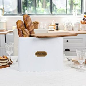 NIKKY HOME Extra Large Space Saving Farmhouse Bread Box With Wood Lid - Holds 2 Loaves - Vertical Breadbox Bread Storage Bin Holder for Kitchen Countertop, White