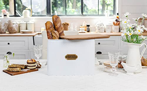 NIKKY HOME Extra Large Space Saving Farmhouse Bread Box With Wood Lid - Holds 2 Loaves - Vertical Breadbox Bread Storage Bin Holder for Kitchen Countertop, White