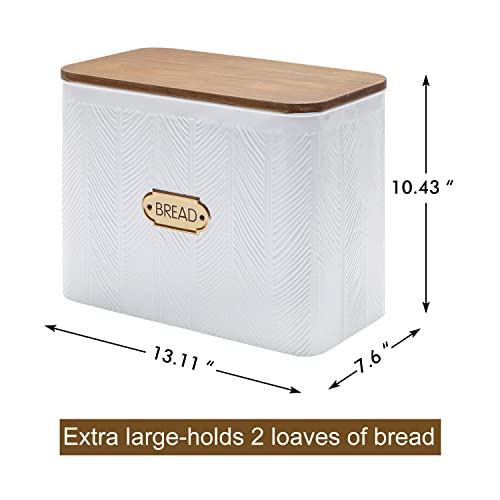 NIKKY HOME Extra Large Space Saving Farmhouse Bread Box With Wood Lid - Holds 2 Loaves - Vertical Breadbox Bread Storage Bin Holder for Kitchen Countertop, White