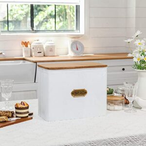 NIKKY HOME Extra Large Space Saving Farmhouse Bread Box With Wood Lid - Holds 2 Loaves - Vertical Breadbox Bread Storage Bin Holder for Kitchen Countertop, White