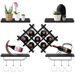 giantex set of 5 wall mount wine rack set w/ storage shelves and glass holder (black)