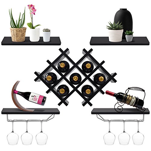 Giantex Set of 5 Wall Mount Wine Rack Set w/ Storage Shelves and Glass Holder (Black)