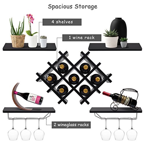 Giantex Set of 5 Wall Mount Wine Rack Set w/ Storage Shelves and Glass Holder (Black)