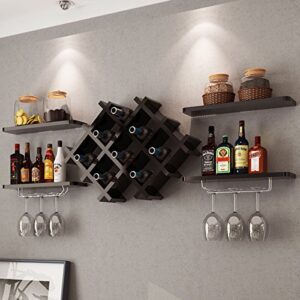 Giantex Set of 5 Wall Mount Wine Rack Set w/ Storage Shelves and Glass Holder (Black)