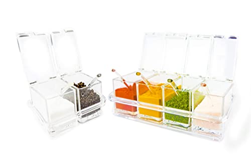 Six Compartment Condiment & Spice Box Serving Set with Spoons - 2 & 4 Section Seasoning Storage Container Rack Combo Set with Removable Cruet Jars (5.75 oz capacity each) | by ImpiriLux