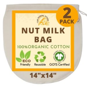 2023 NEW - 2 Pcs 14"x14" Nut Milk Bag - 100% Organic Unbleached Cotton Cheesecloth Bags/Food Strainer, Nut Milk Bag Reusable for Straining Oat Milk, Almond Milk, Cheese making, Celery Juice Nut Bag