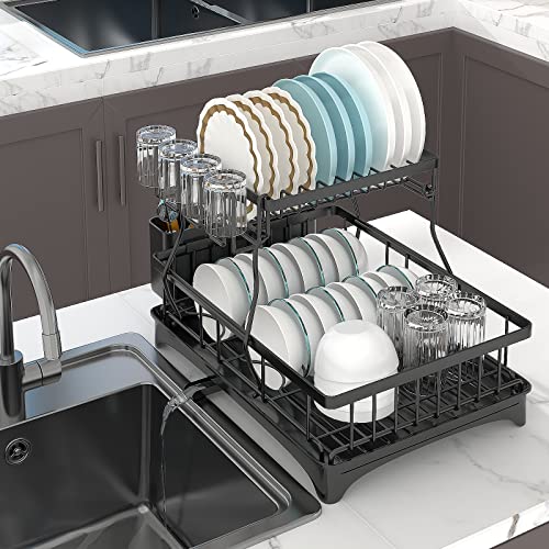 XIYAO Kitchen Dish Dring Rack with Drainboard, 2-Tier in Sink Dish Drying Rack with Utensil Holder for Kitchen Counter, Large Capacity Dish Strainers with Water Bottle Drying Rack (Black)