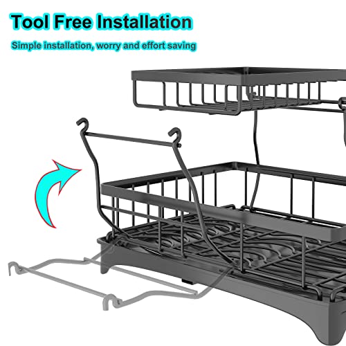 XIYAO Kitchen Dish Dring Rack with Drainboard, 2-Tier in Sink Dish Drying Rack with Utensil Holder for Kitchen Counter, Large Capacity Dish Strainers with Water Bottle Drying Rack (Black)