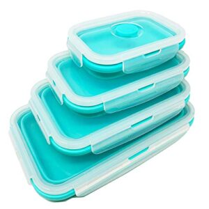 set of 4 collapsible silicone food storage container, leftover meal box for kitchen, bento lunch boxes, bpa free, microwave, dishwasher and freezer safe. foldable design saves your space.