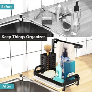 1Easylife Sink Caddy Organizer, Sponge Holder Brush Dishcloth Holder Hanger Kitchen Sink Caddy Black Countertop with Drain Tray for Kitchen Bathroom