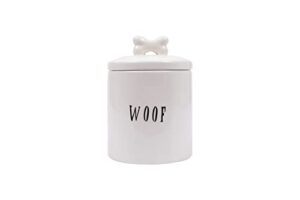 creative co-op farmhouse ceramic jar with “woof” message and lid with bone, white and black