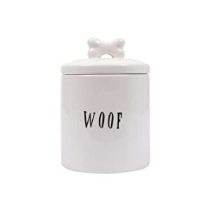 Creative Co-Op Farmhouse Ceramic Jar with "Woof" Message and Lid with Bone, White and Black